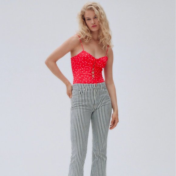 NWT - Zara Red Lace Up Satin Effect Star Print Bodysuit Side Zip - Picture 5 of 7